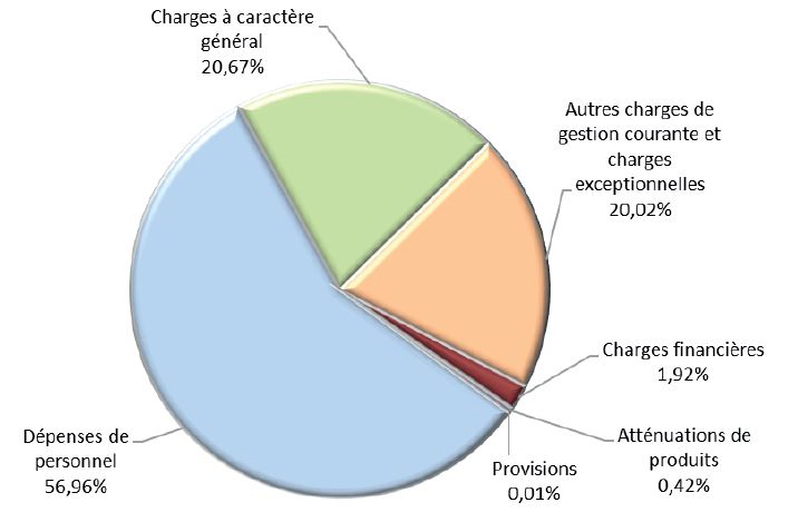 Diagramme circulaire des dépenses de fonctionnement en 2024 : 56,96 % dépenses de personnel, 20,67 % charges à caractère général, 20,02 % autres charges, 1,92 % charges financières, 0,42 % atténuations de produits, 0,01 % provisions